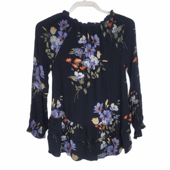 AMERICAN‎ EAGLE blouse black top floral peasant ruffle shirt XS - Picture 3 of 10